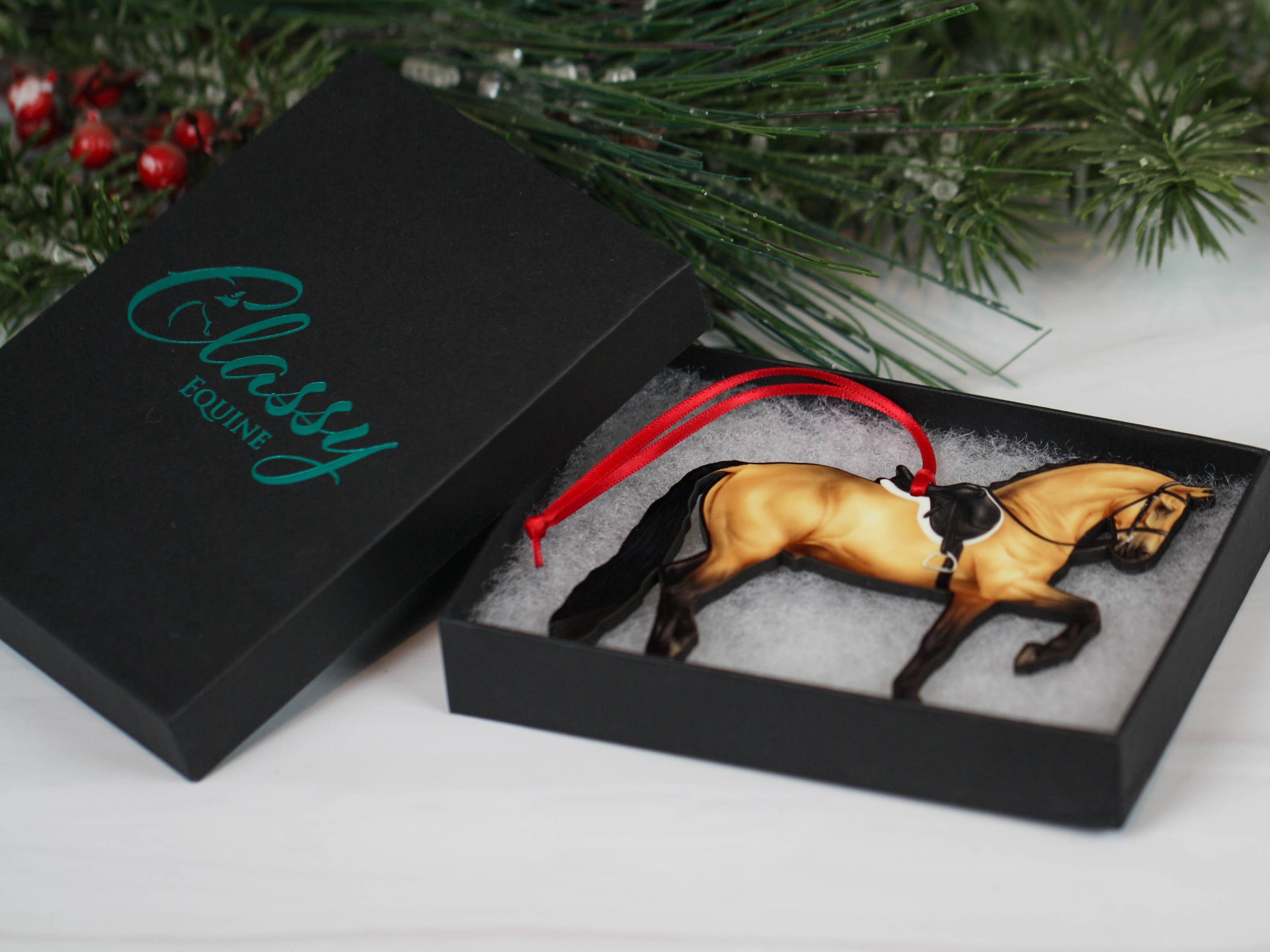 Morgan Horse Buckskin Ornament, handmade from composite wood, featuring intricate laser-cut details, perfect for Christmas decor.