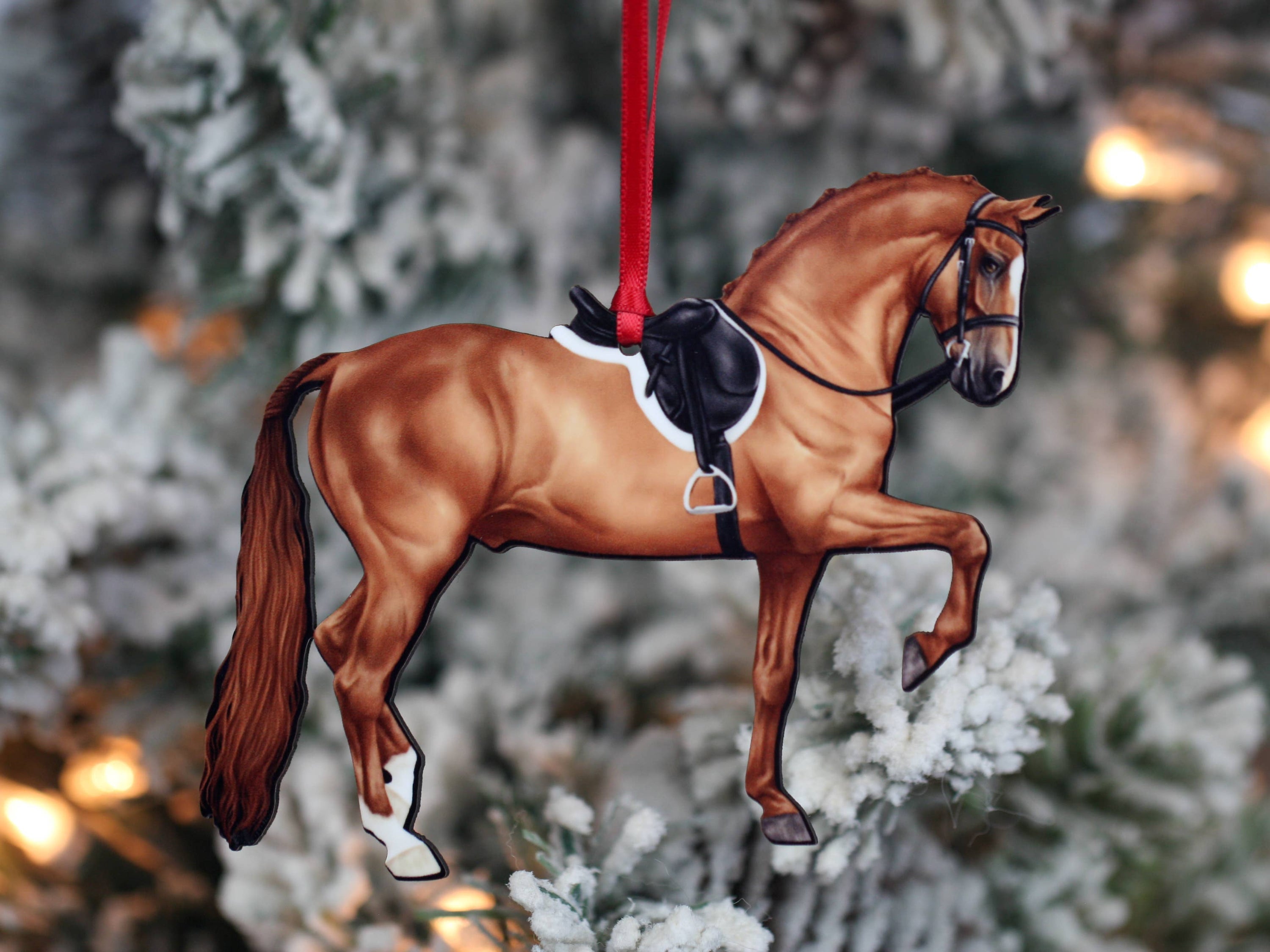 Morgan Horse Christmas Ornament featuring a chestnut horse, intricately designed and laser cut from composite wood, perfect for holiday decor.