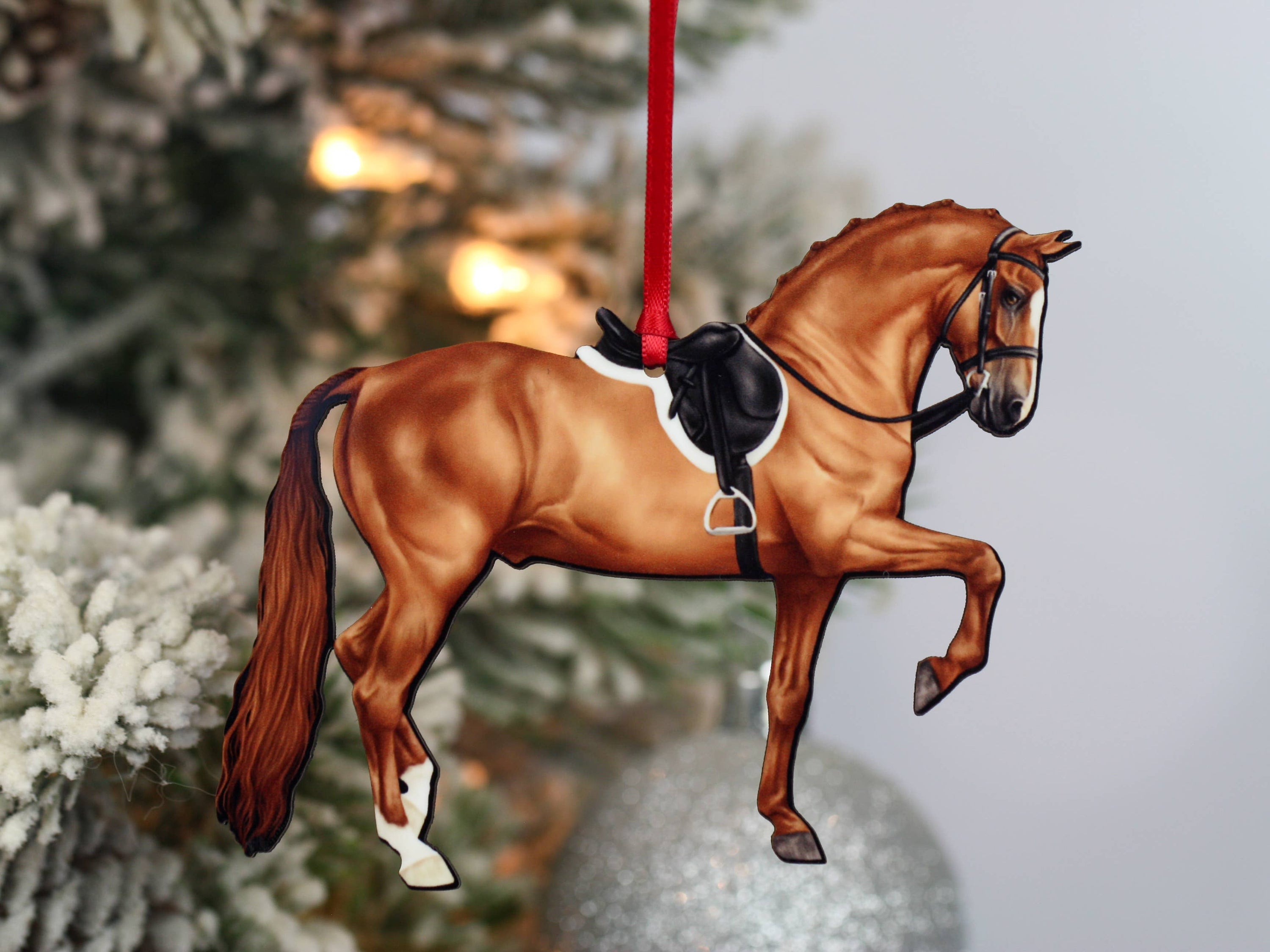 Morgan Horse Christmas Ornament featuring a chestnut horse, intricately designed and laser cut from composite wood, perfect for holiday decor.