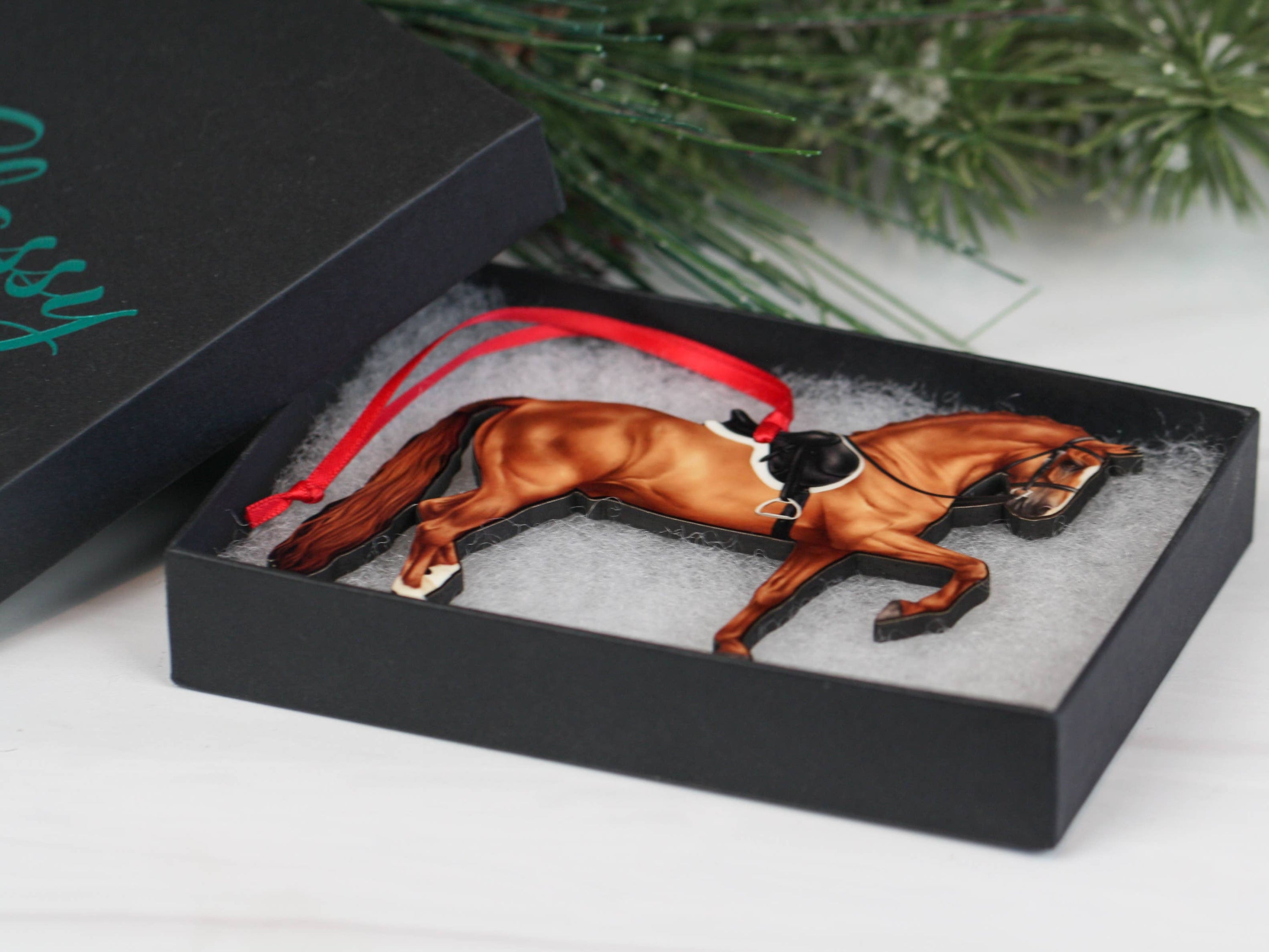 Morgan Horse Christmas Ornament featuring a chestnut horse, intricately designed and laser cut from composite wood, perfect for holiday decor.