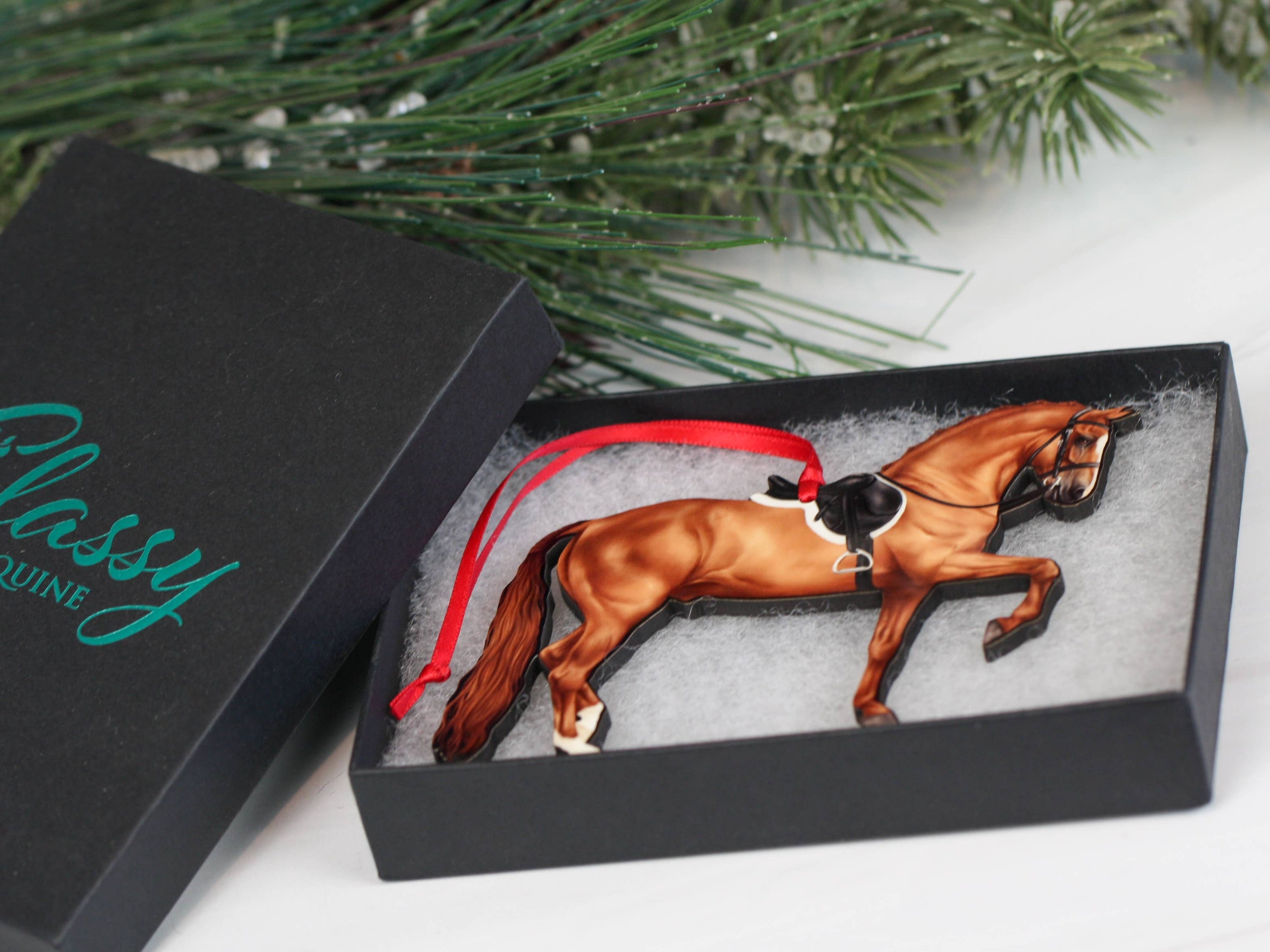 Morgan Horse Christmas Ornament featuring a chestnut horse, intricately designed and laser cut from composite wood, perfect for holiday decor.