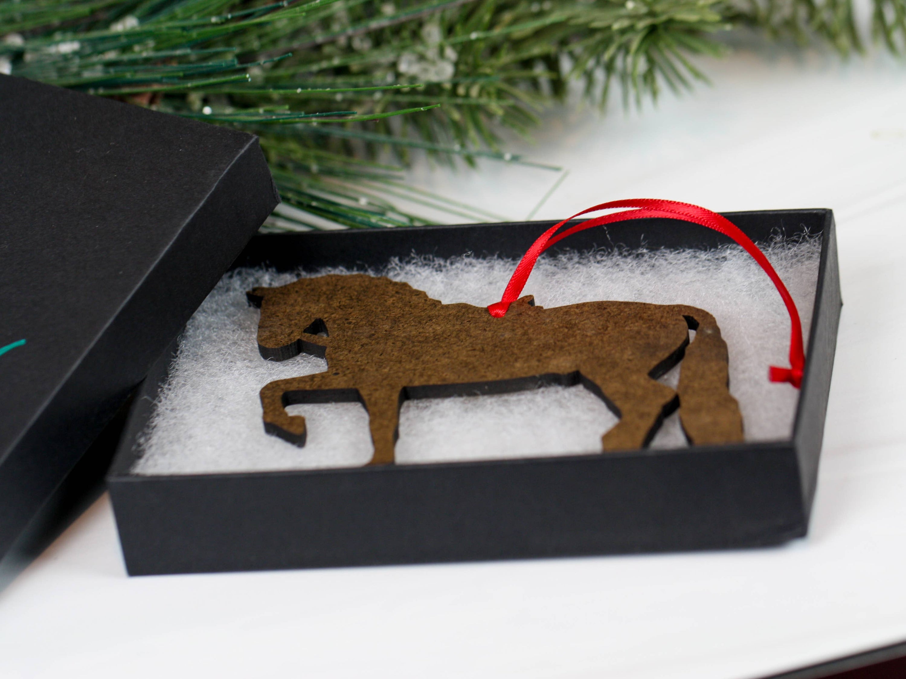 Morgan Horse Christmas Ornament featuring a chestnut horse, intricately designed and laser cut from composite wood, perfect for holiday decor.