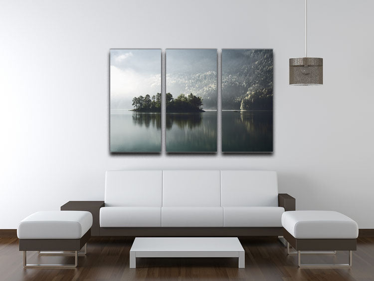 Morning Fog Clearing 3 Split Panel Canvas Print showcasing serene foggy landscape in three panels, perfect for home decor.