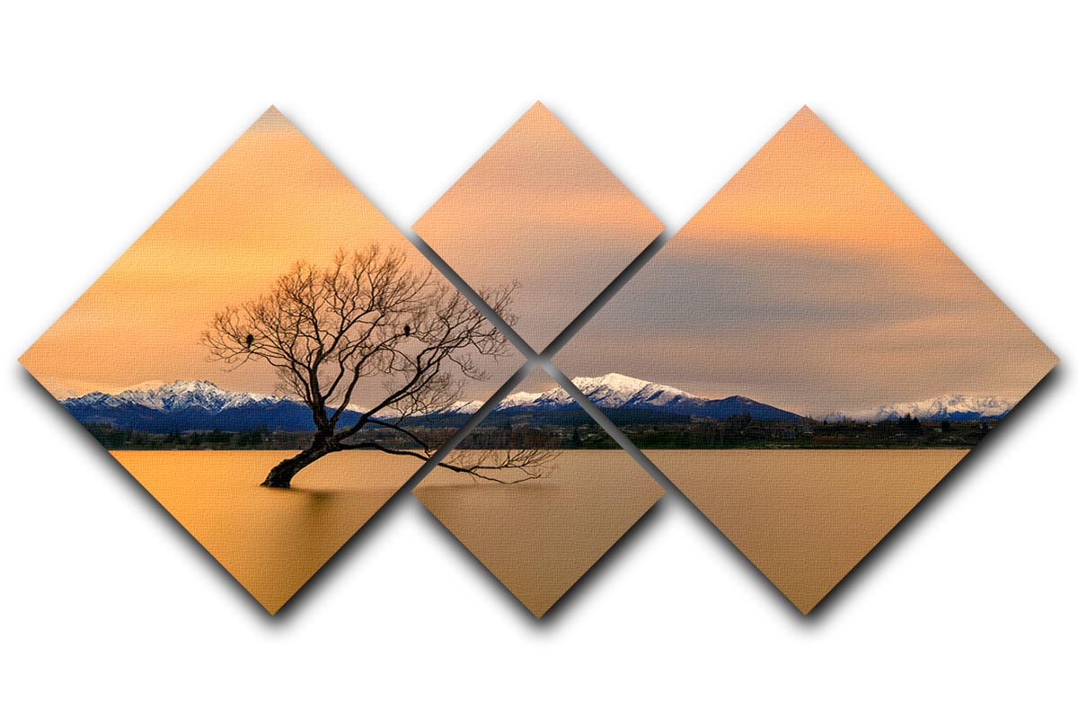 A beautiful multi-panel canvas artwork depicting the morning glow over Lake Wanaka, divided into four equal square sections.