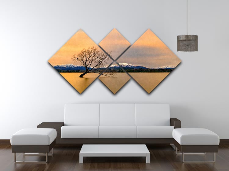 A beautiful multi-panel canvas artwork depicting the morning glow over Lake Wanaka, divided into four equal square sections.