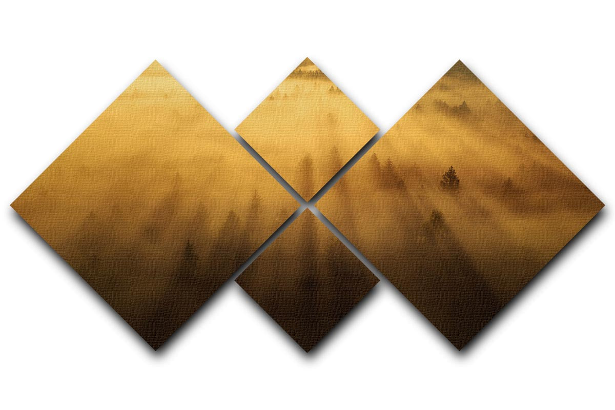 A beautiful multi-panel canvas artwork depicting a serene forest scene, divided into four equal square sections, showcasing vibrant colors and intricate details.