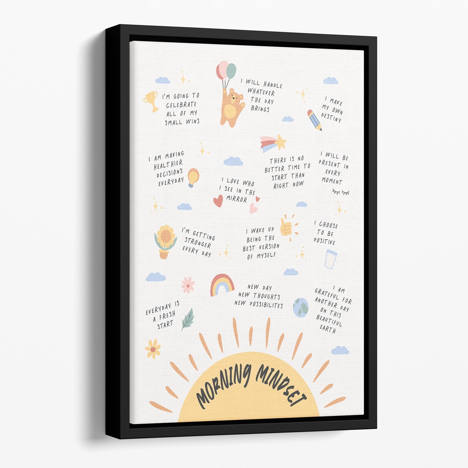 Morning Mindset Floating Framed Canvas featuring vibrant abstract design in an elegant wooden frame.