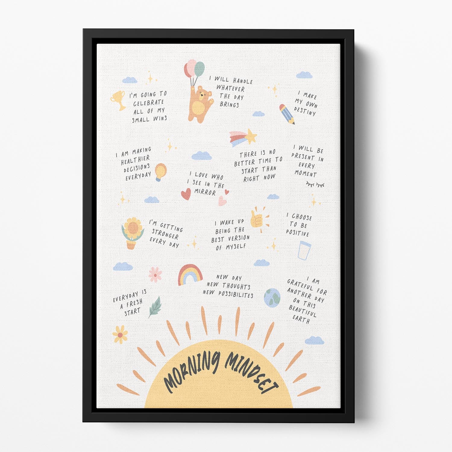 Morning Mindset Floating Framed Canvas featuring vibrant abstract design in an elegant wooden frame.