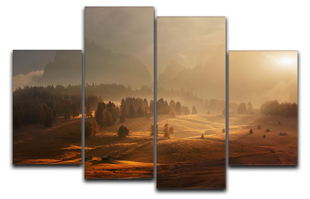 A beautiful 4-split canvas artwork depicting a serene alpine meadow, showcasing vibrant colors and intricate details across four panels.
