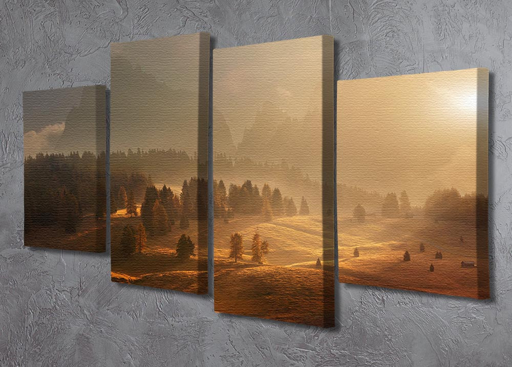 A beautiful 4-split canvas artwork depicting a serene alpine meadow, showcasing vibrant colors and intricate details across four panels.