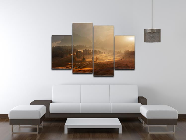 A beautiful 4-split canvas artwork depicting a serene alpine meadow, showcasing vibrant colors and intricate details across four panels.