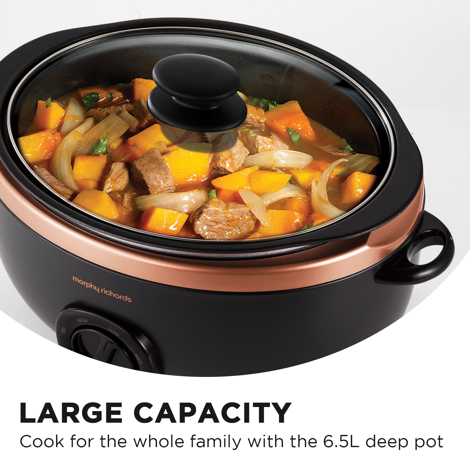 Morphy Richards 6.5L Sear & Stew Slow Cooker in elegant rose gold with a removable non-stick pot.