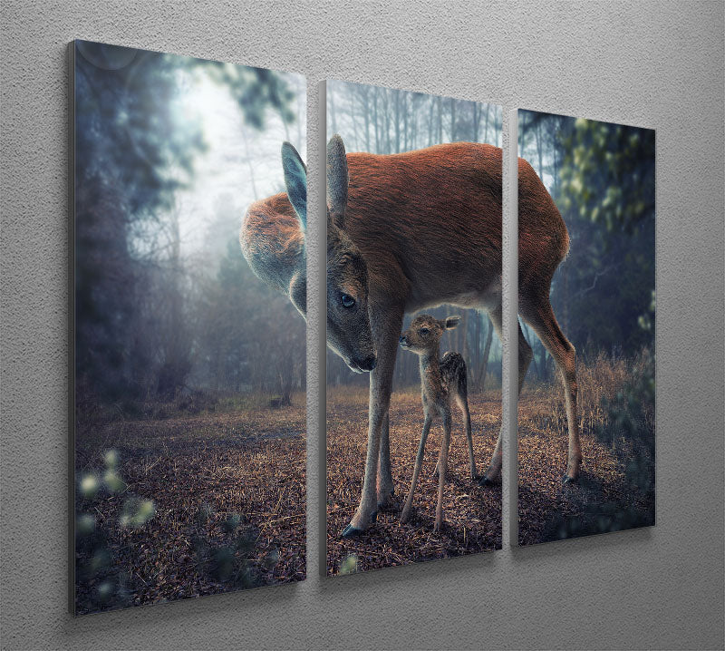 A beautiful 3-panel canvas print depicting a mother deer and her fawn in a serene natural setting, perfect for home decor.