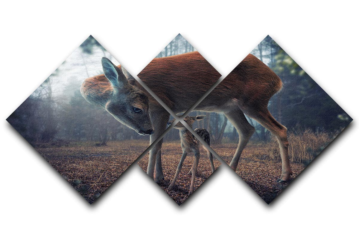 A beautiful multi-panel canvas artwork featuring a mother deer and her fawn, divided into four equal square sections.