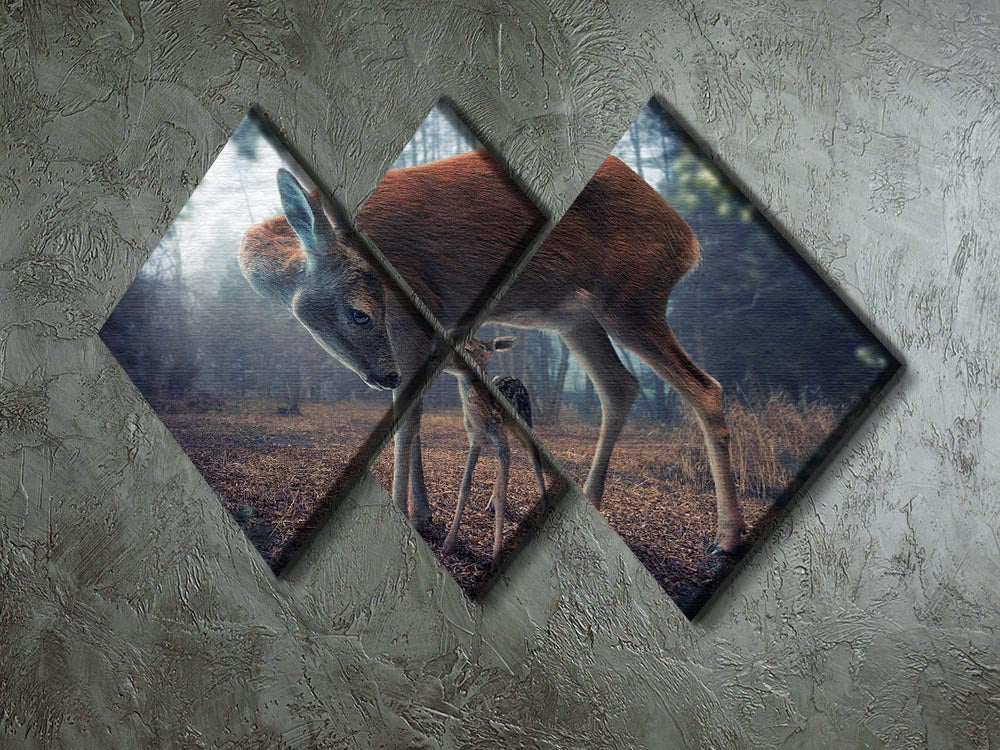 A beautiful multi-panel canvas artwork featuring a mother deer and her fawn, divided into four equal square sections.