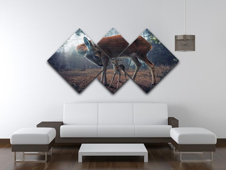 A beautiful multi-panel canvas artwork featuring a mother deer and her fawn, divided into four equal square sections.