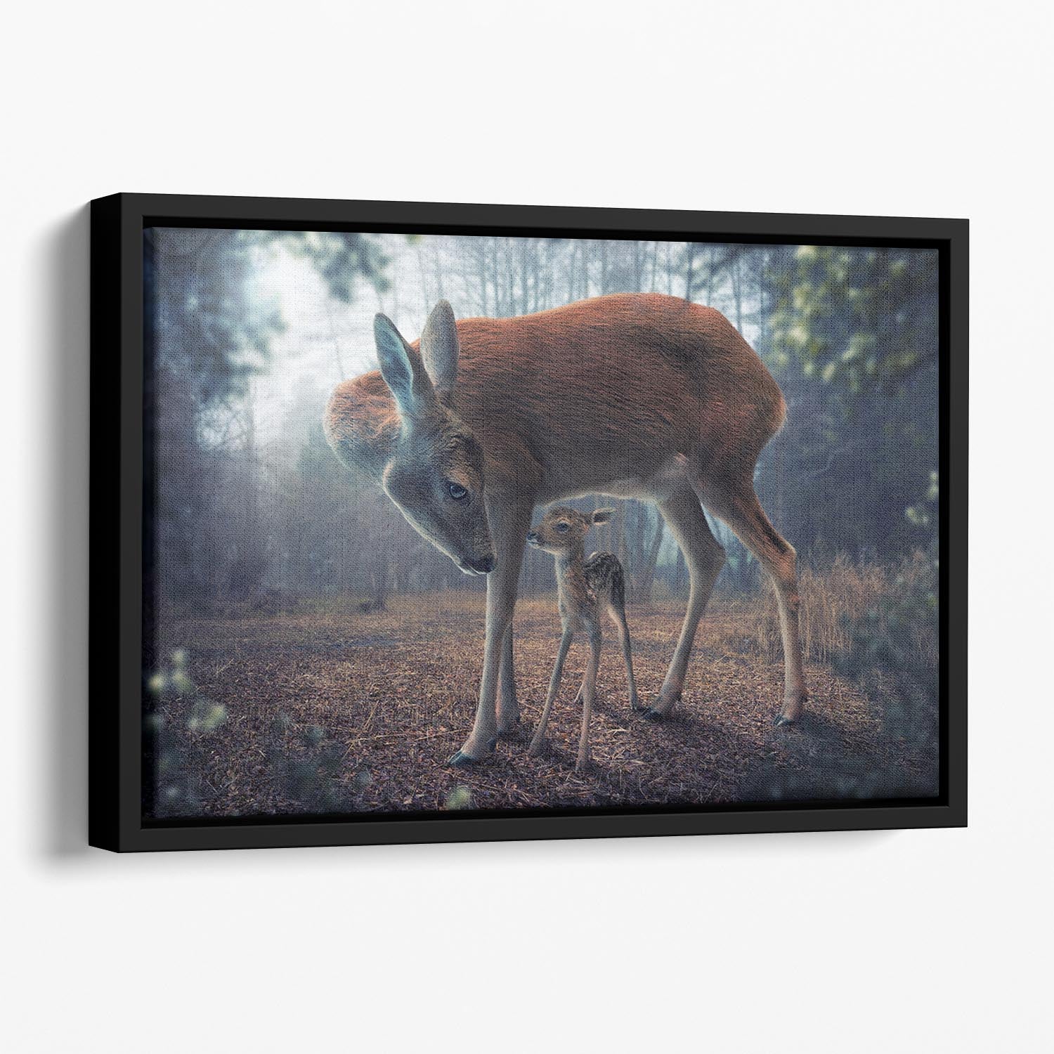 Mother and fawn depicted in vibrant abstract art, framed elegantly in a floating wooden frame.