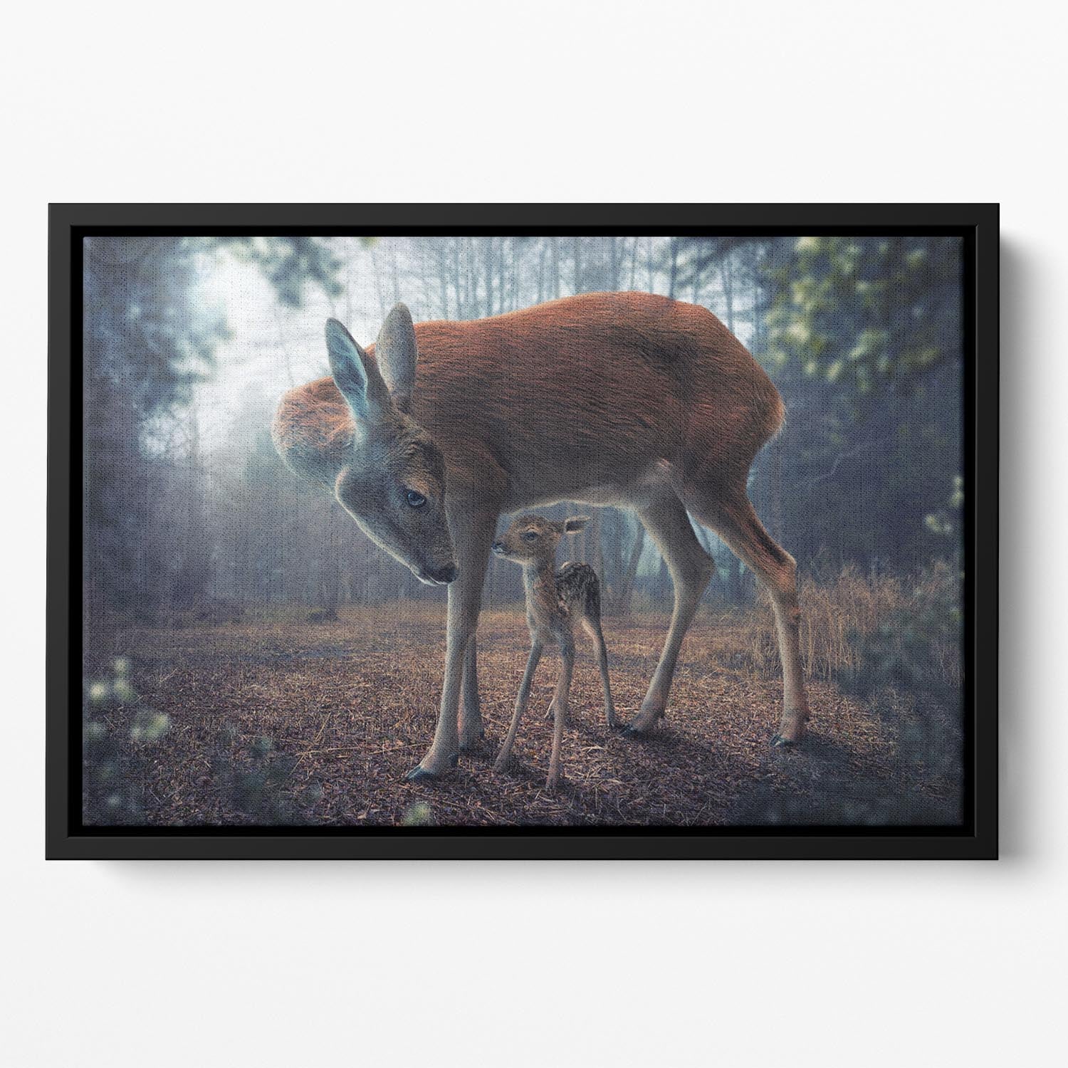 Mother and fawn depicted in vibrant abstract art, framed elegantly in a floating wooden frame.
