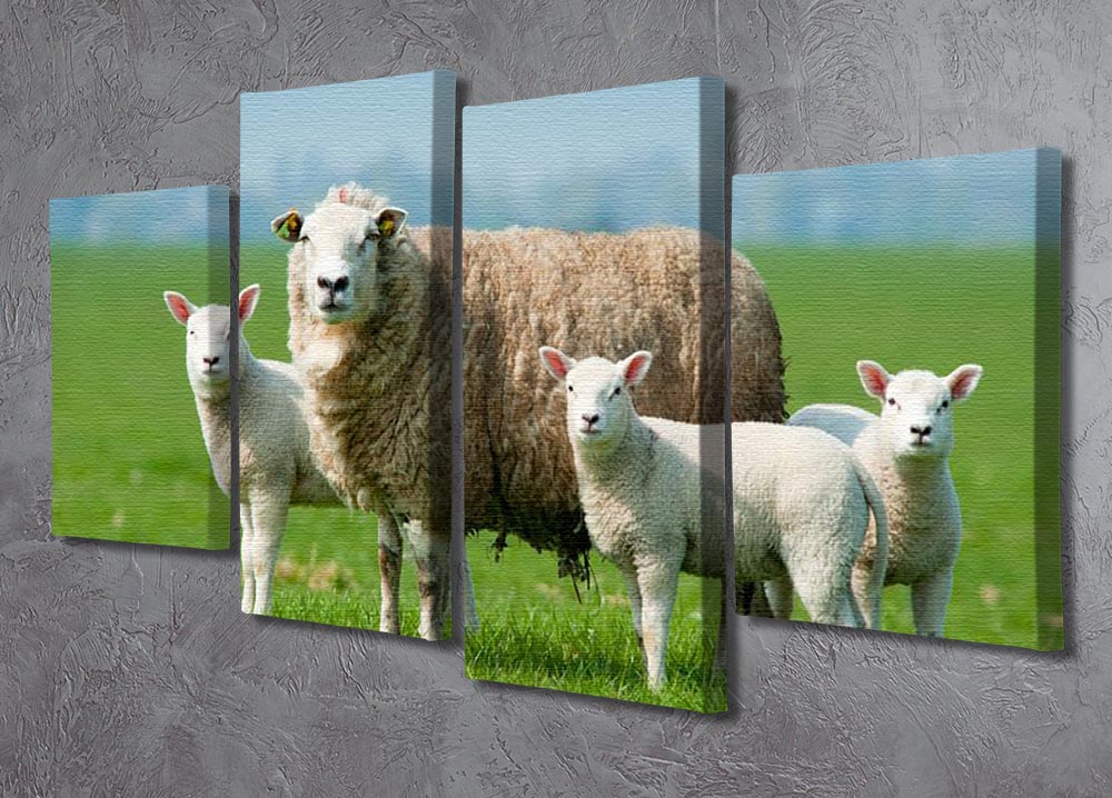A beautiful 4-split canvas artwork depicting a mother sheep with her lambs in a spring setting, showcasing vibrant colors and a serene atmosphere.
