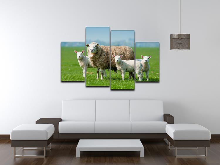 A beautiful 4-split canvas artwork depicting a mother sheep with her lambs in a spring setting, showcasing vibrant colors and a serene atmosphere.