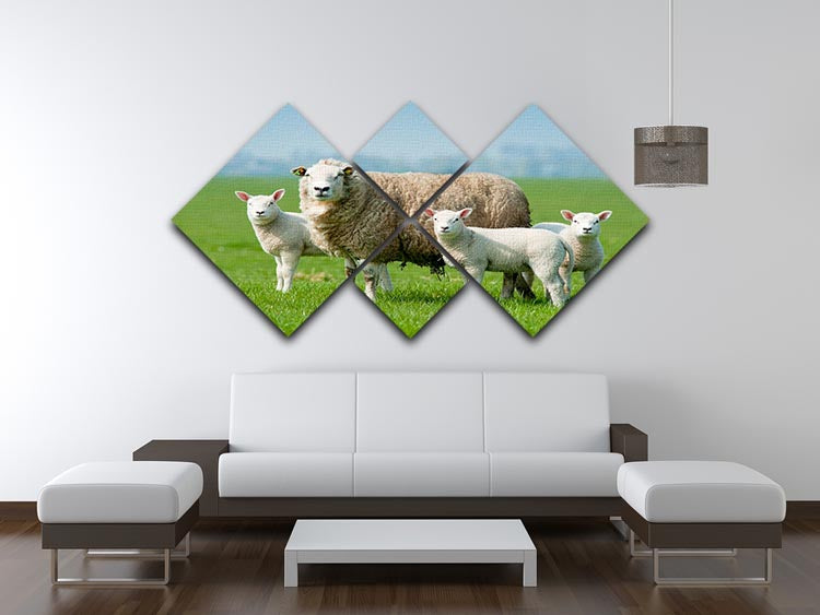 A beautiful 4-square canvas featuring a mother sheep and her lambs in a spring setting, showcasing soft colors and a harmonious design.