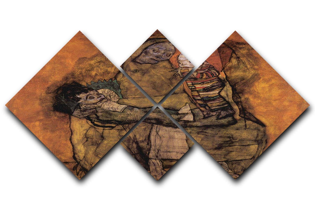 A 4-square multi-panel canvas artwork depicting a mother with two children, showcasing Egon Schiele's expressive style and vibrant colors.