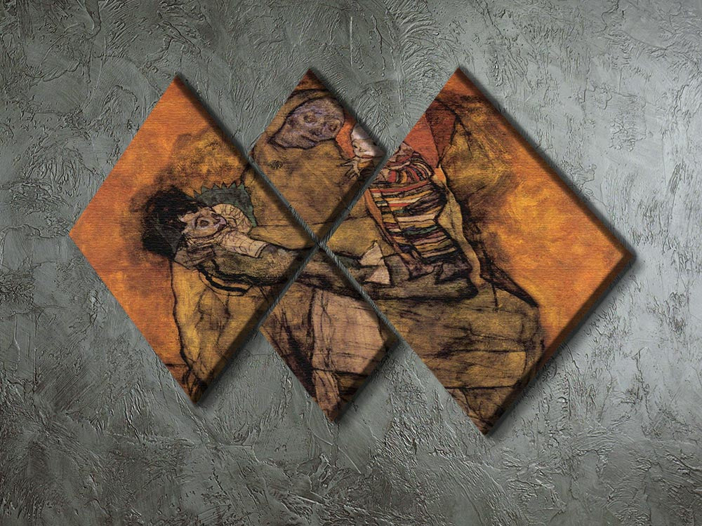 A 4-square multi-panel canvas artwork depicting a mother with two children, showcasing Egon Schiele's expressive style and vibrant colors.