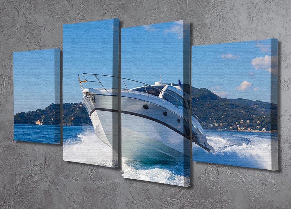 Four-panel canvas artwork featuring motor boats in Italy, showcasing vibrant colors and dynamic design.