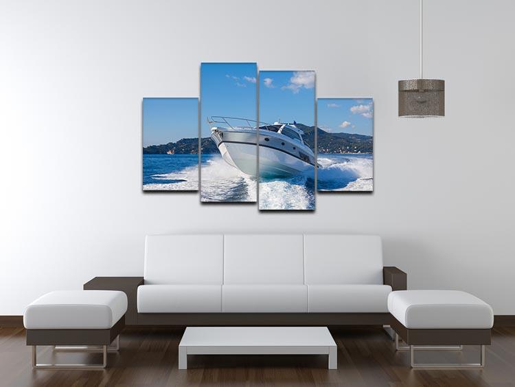 Four-panel canvas artwork featuring motor boats in Italy, showcasing vibrant colors and dynamic design.