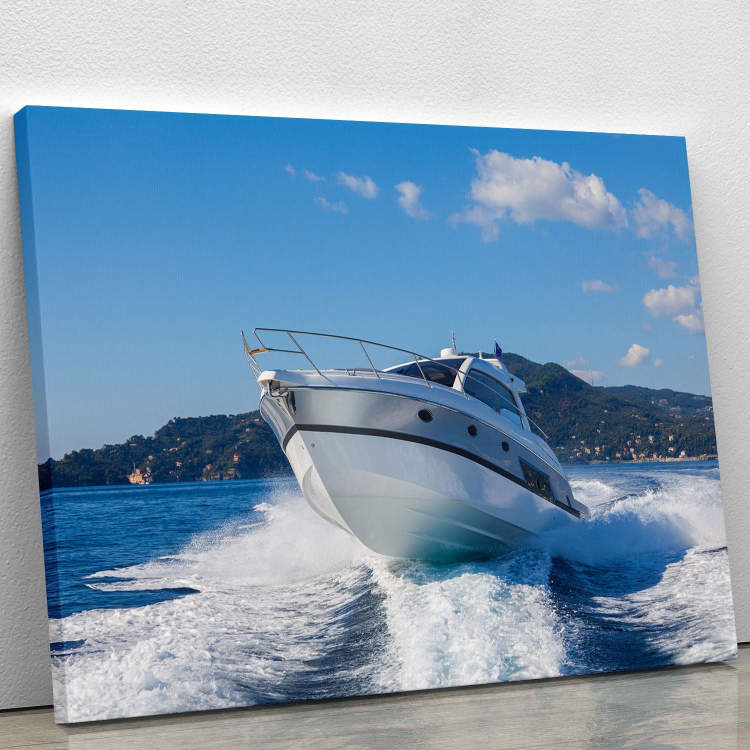A beautiful canvas print featuring motor boat yachts in Italy, showcasing vibrant colors and intricate details of luxury yachting.