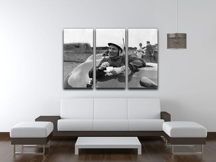 A stunning 3-panel canvas print featuring motor racing driver Stirling Moss, showcasing vibrant colors and intricate details.