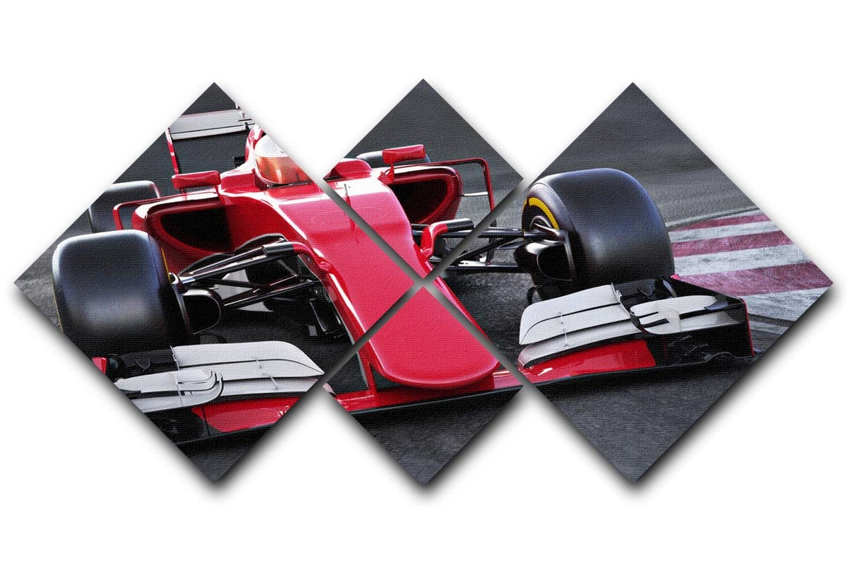 A vibrant multi-panel canvas artwork featuring a dynamic motor sports race car design, divided into four equal square sections.