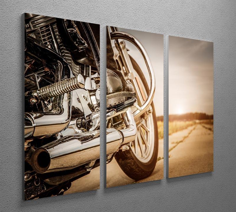A close-up view of a motorbike depicted in a stunning 3-panel canvas print, showcasing vibrant colors and intricate details.