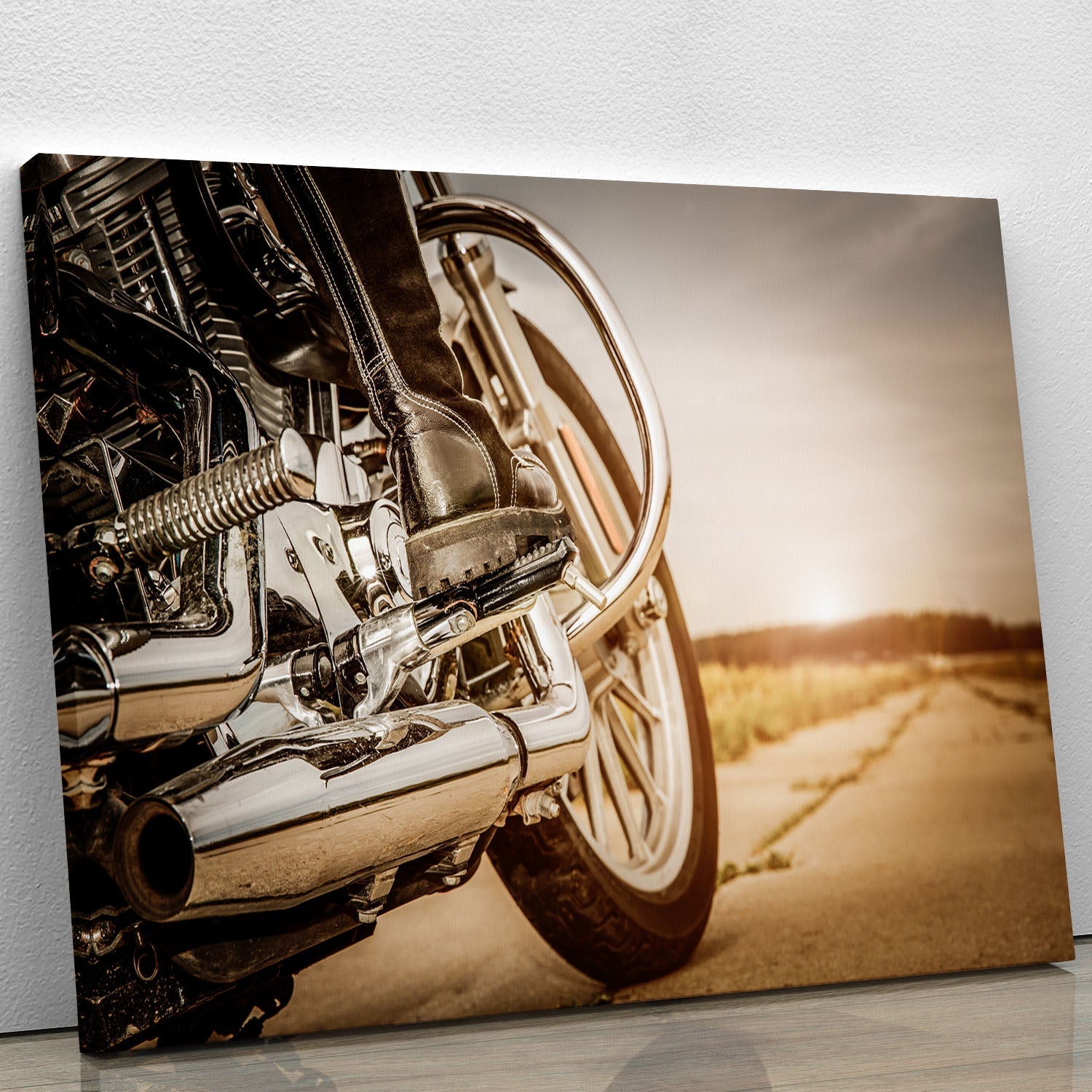 A close-up view of a motorbike captured in vibrant colors on a canvas print, showcasing intricate details and design.