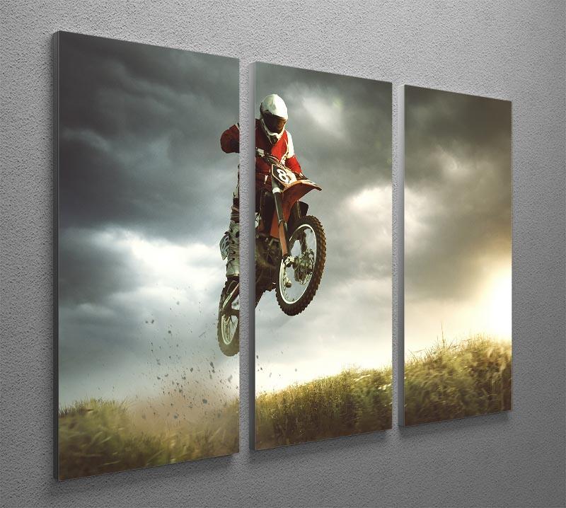A dynamic 3-panel canvas print featuring motorbikes jumping in the air, showcasing vibrant colors and action-packed imagery.
