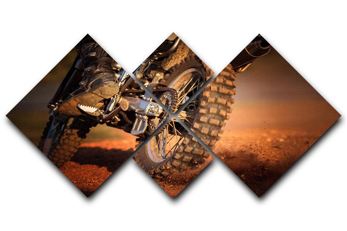 A vibrant multi-panel canvas artwork featuring a motorbike on a dirt track, divided into four equal square sections.