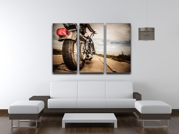 Motorbike Wheel 3 Split Panel Canvas Print showcasing a dynamic motorcycle wheel design across three canvases.