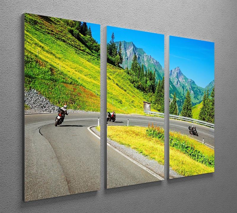 A stunning 3-panel canvas print featuring a group of motorbikers riding through majestic mountains, showcasing adventure and nature.