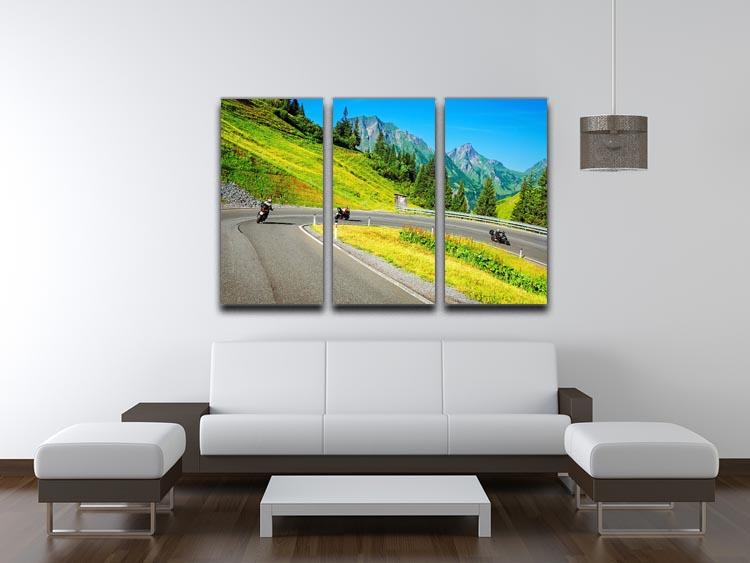 A stunning 3-panel canvas print featuring a group of motorbikers riding through majestic mountains, showcasing adventure and nature.