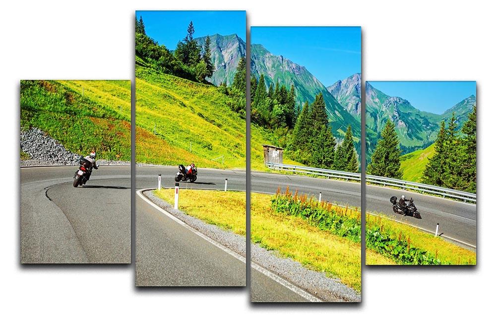 A stunning 4-split canvas artwork featuring a group of motorbikers riding through majestic mountains, showcasing adventure and freedom.