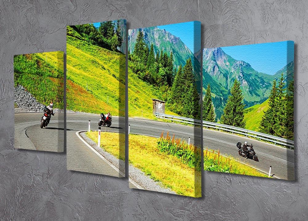 A stunning 4-split canvas artwork featuring a group of motorbikers riding through majestic mountains, showcasing adventure and freedom.