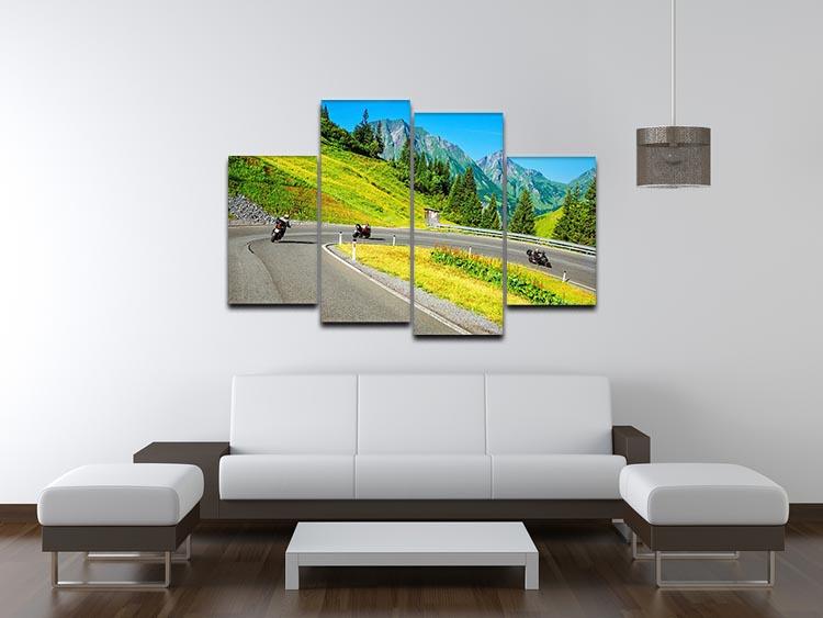 A stunning 4-split canvas artwork featuring a group of motorbikers riding through majestic mountains, showcasing adventure and freedom.