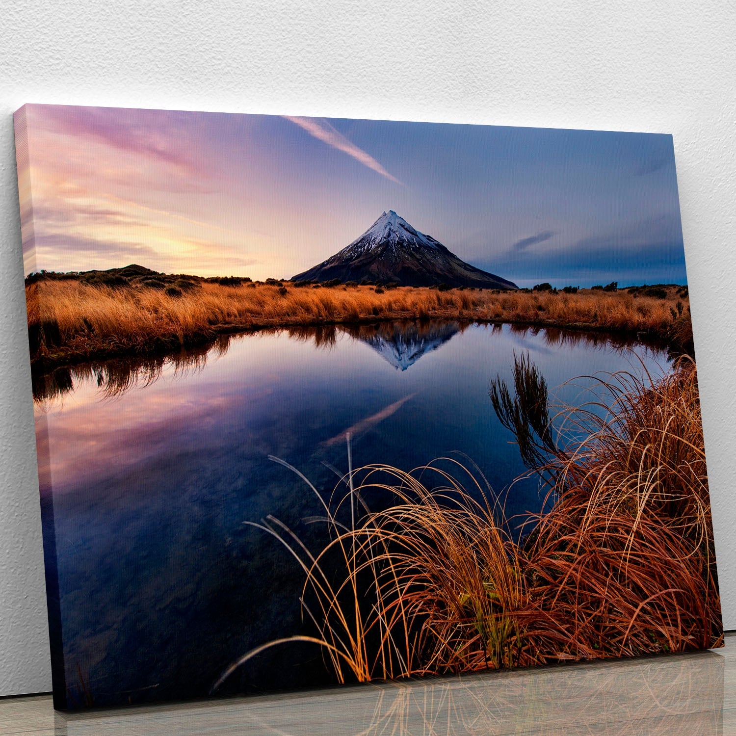 Mount Taranaki Morning Breeze canvas print showcasing vibrant colors and serene landscape, perfect for home decor.