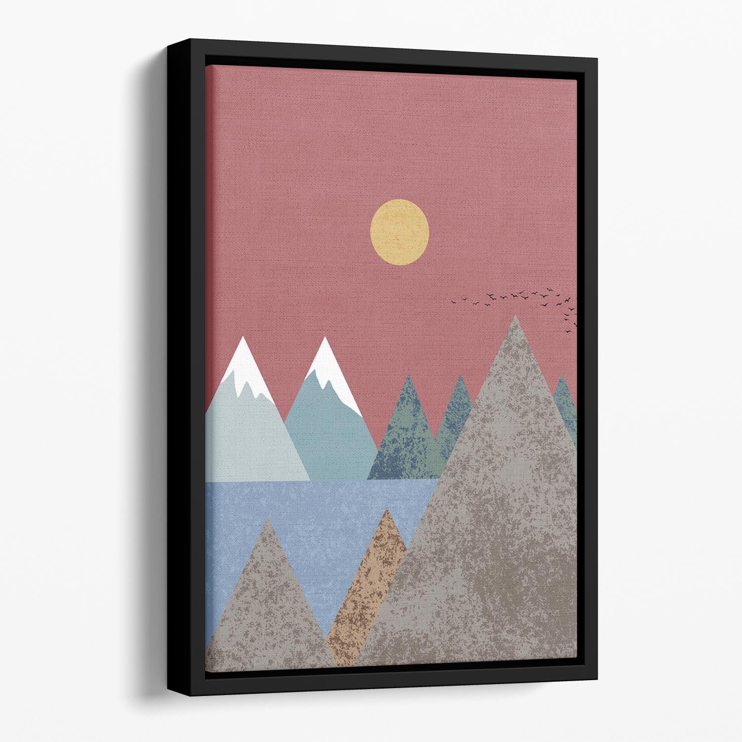 Mountain landscape artwork in an elegant floating frame, showcasing vibrant colors and handcrafted wooden details.