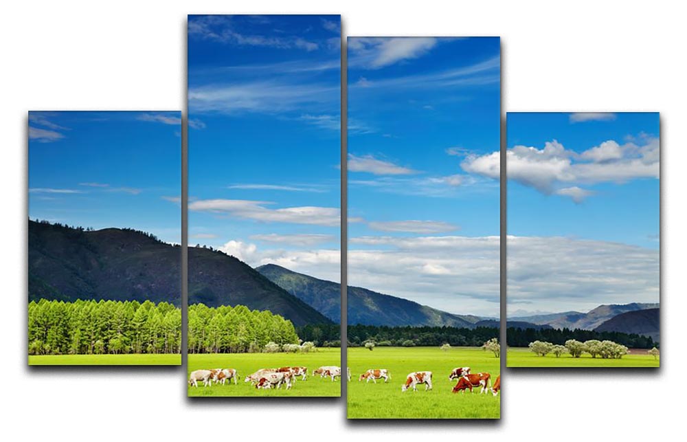 A beautiful 4-split canvas artwork depicting a mountain landscape with grazing cows under a vibrant sky, showcasing nature's tranquility.