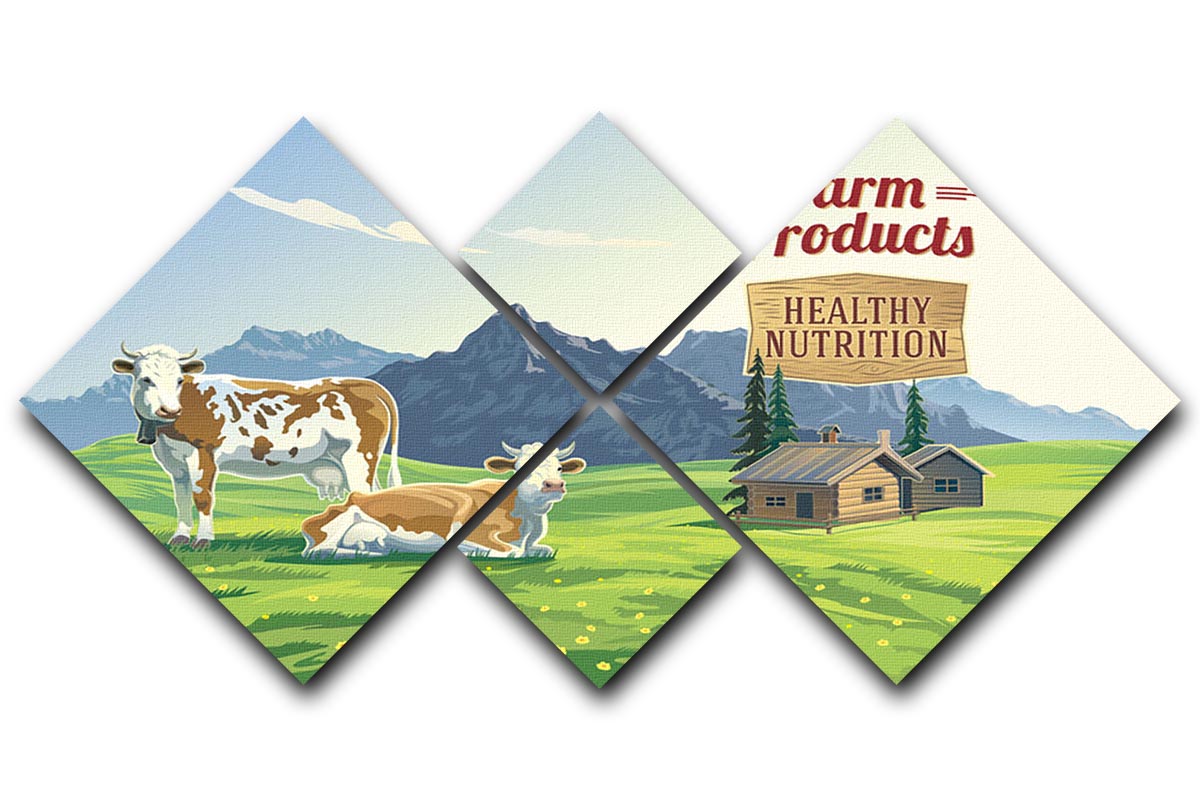 A beautiful mountain landscape featuring two cows, displayed as a 4-square multi-panel canvas artwork.