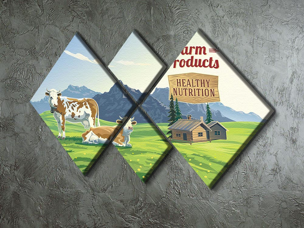 A beautiful mountain landscape featuring two cows, displayed as a 4-square multi-panel canvas artwork.
