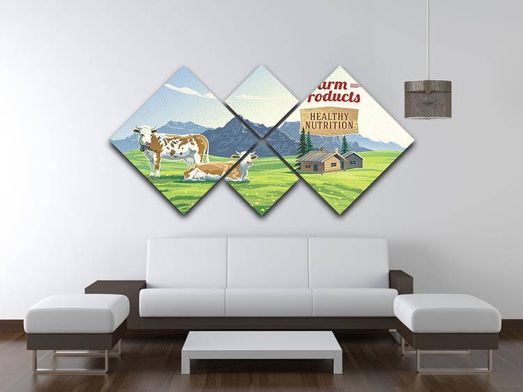 A beautiful mountain landscape featuring two cows, displayed as a 4-square multi-panel canvas artwork.