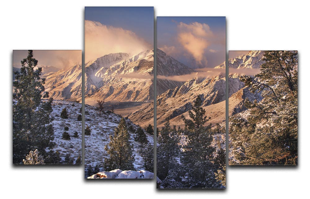 Mountain Light 4 Split Panel Canvas artwork featuring a serene mountain landscape divided into four panels.