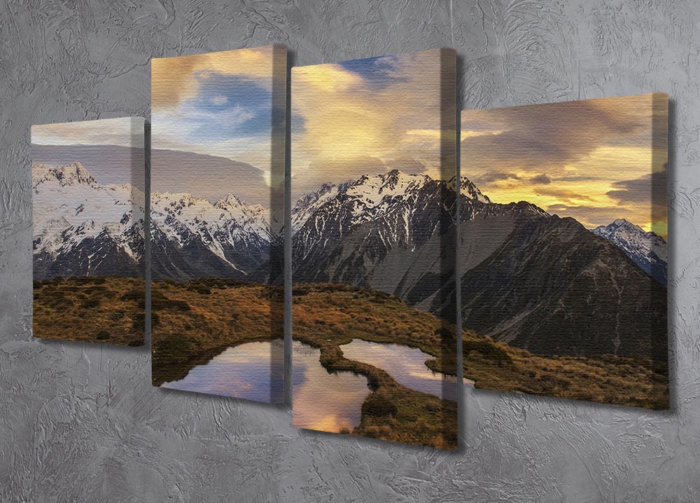 Mountain Light 4 Split Panel Canvas artwork featuring a serene mountain landscape divided into four panels.